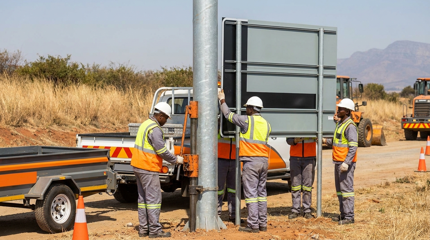 Signs-R-Us team installing road signs on a South African infrastructure project