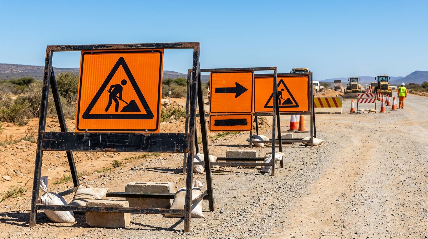 Temporary road signs and construction warning boards on a South African building site