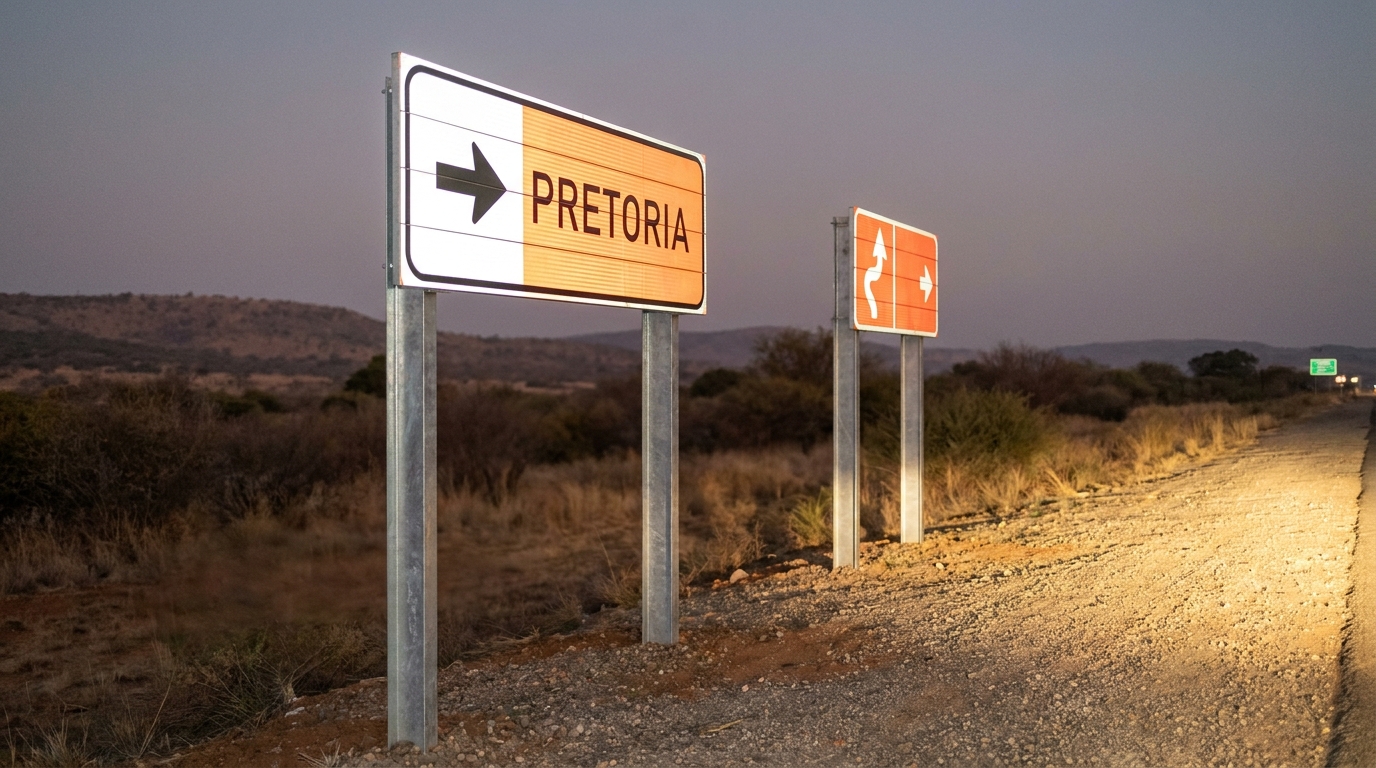 Reflective road signs on a South African road at dusk showing high-visibility sheeting
