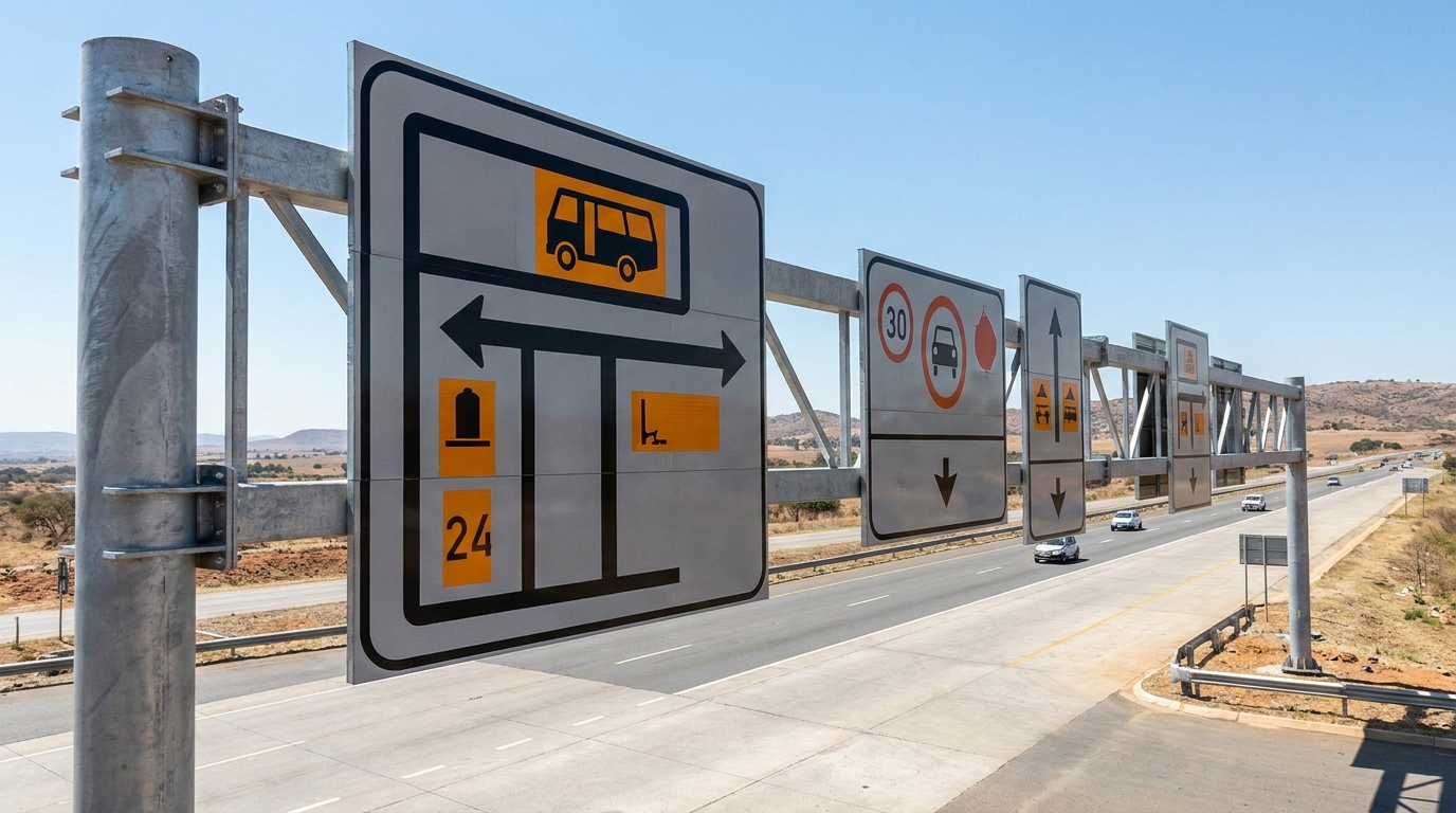 Compliant road traffic signs installed on a South African national road, bright daylight