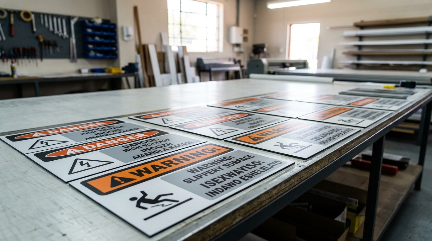 Custom bilingual OHS safety signs being prepared in a South African sign manufacturing facility