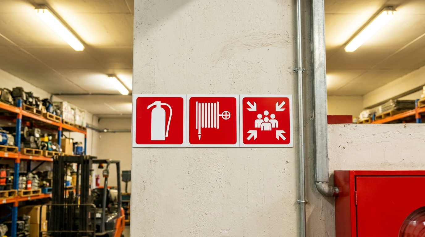 Red fire safety signs and extinguisher location markers inside a South African facility