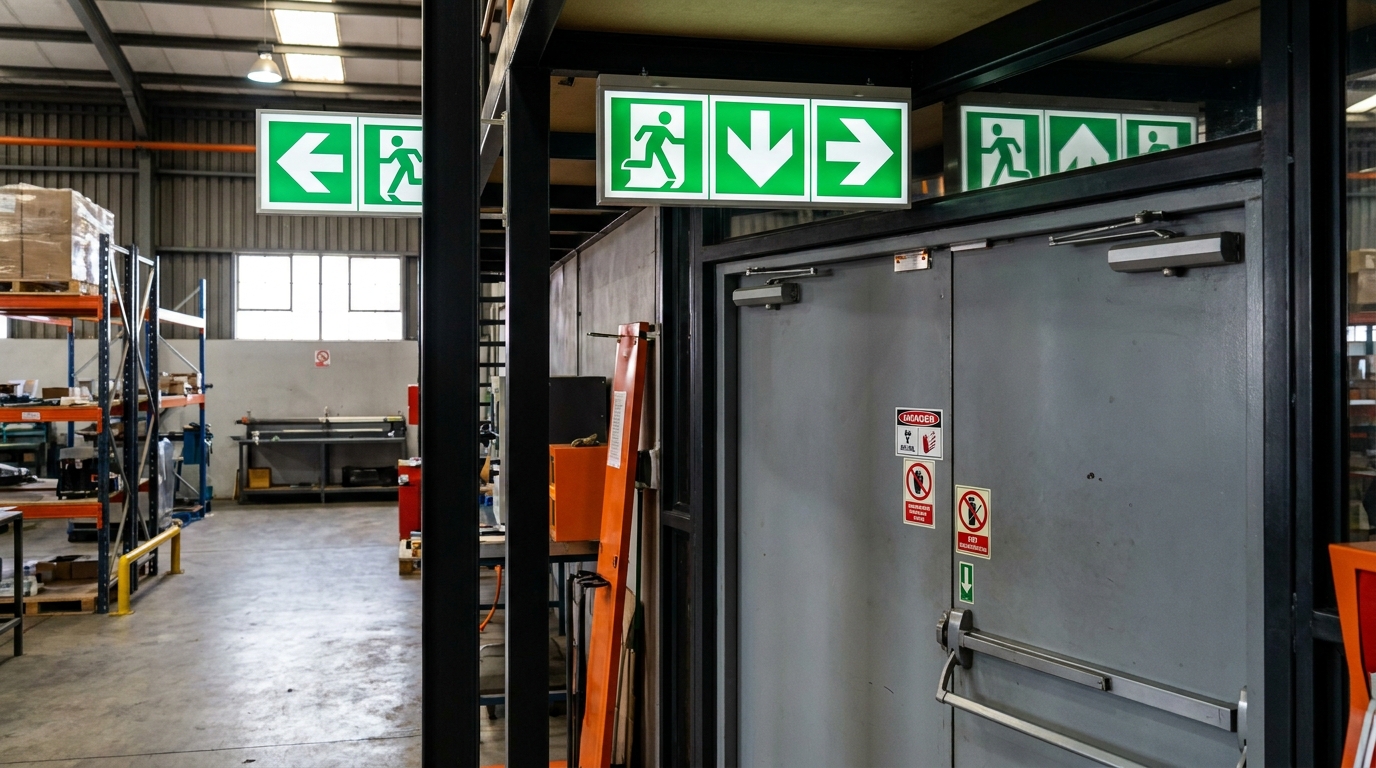 Green emergency exit signs mounted above a doorway in a South African warehouse