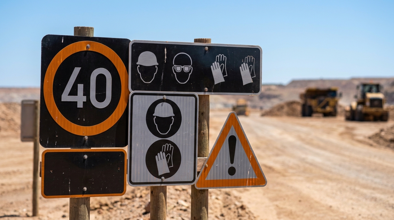 Reflective safety signs installed at a South African mining operation entrance