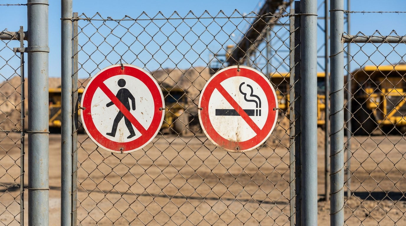 Red and white prohibition signs on a fence at a South African mining site