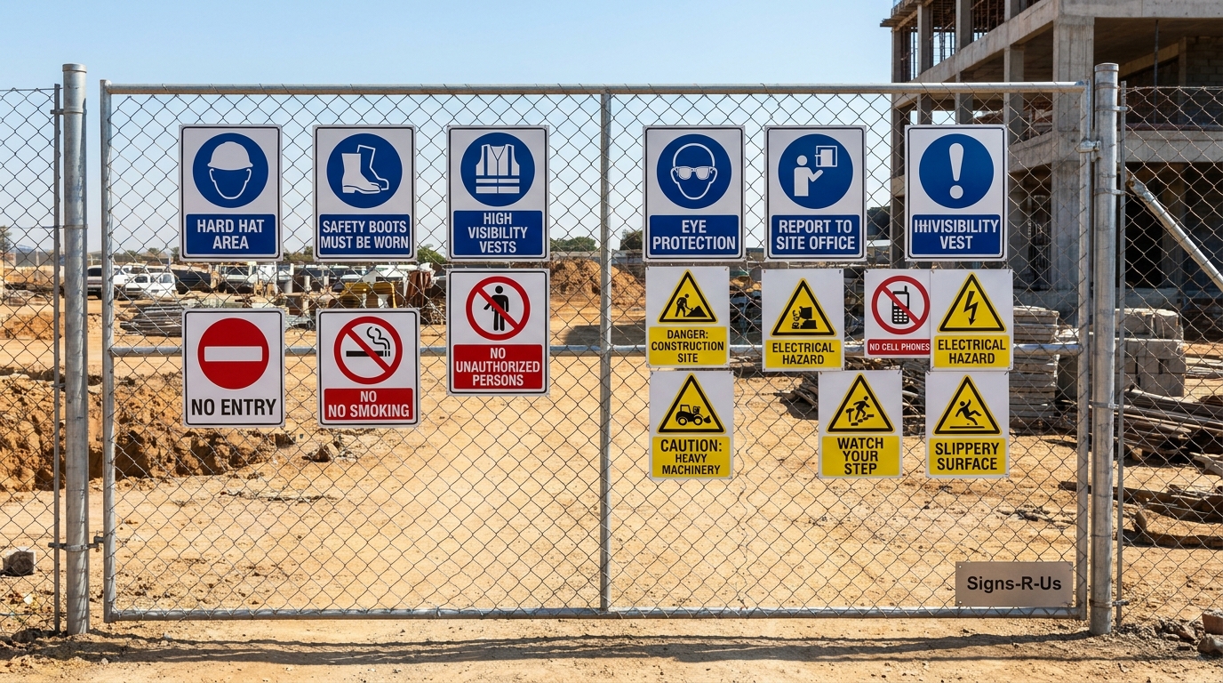 OHS safety signs installed on a perimeter fence at a South African construction site