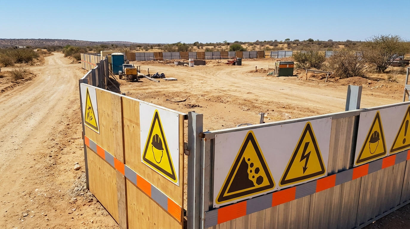 Yellow and black warning signs mounted on a construction site hoarding