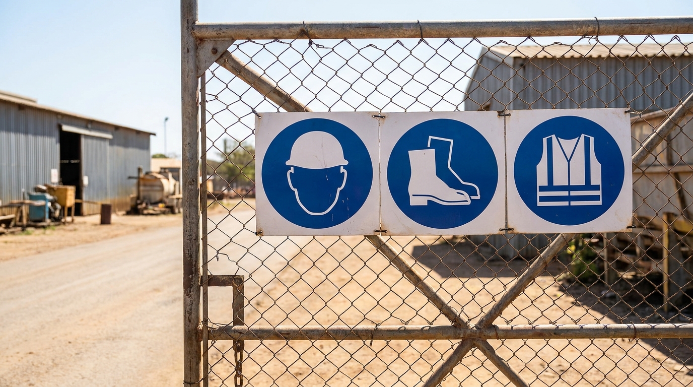 Blue mandatory PPE signs at the entrance to a South African industrial facility