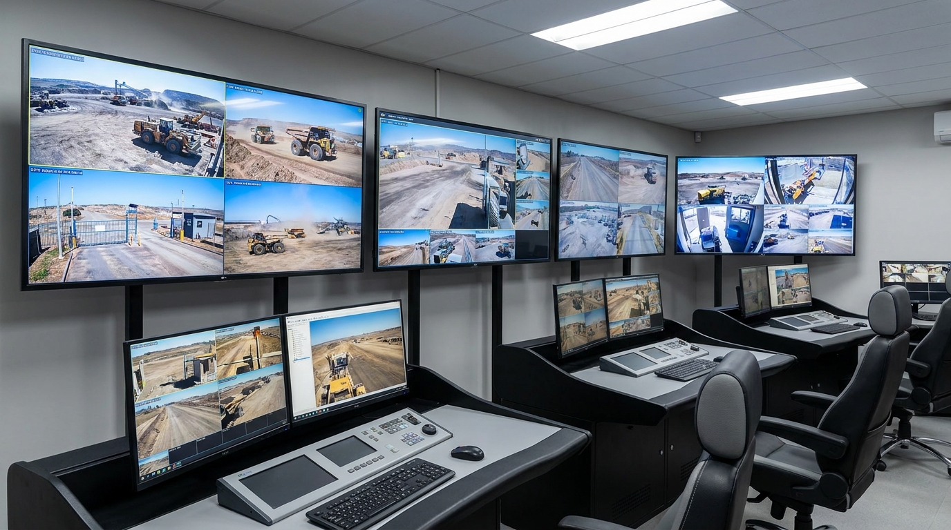 Security control room with multiple CCTV monitors showing feeds from an industrial site
