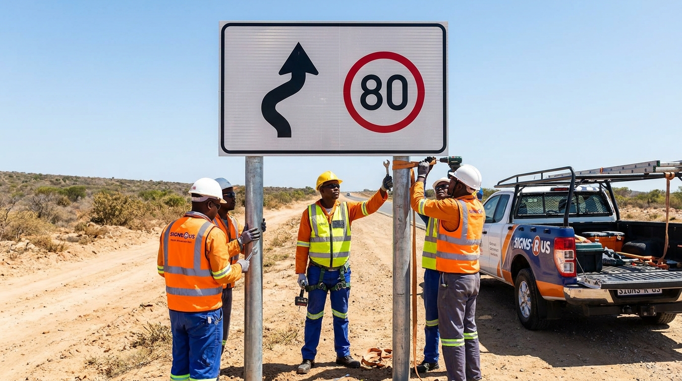 Signs-R-Us installation team securing a road sign on a South African infrastructure project