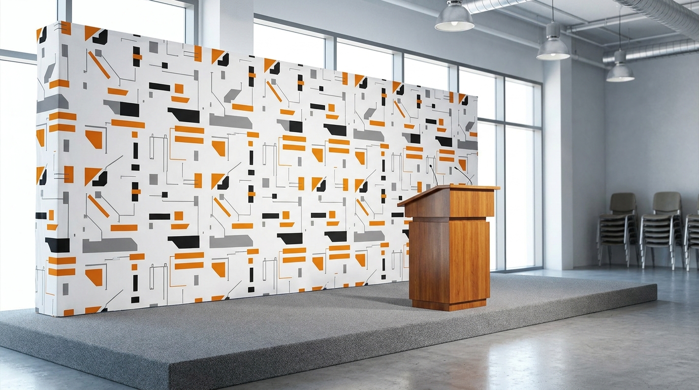 Large printed backdrop behind a conference speaking area