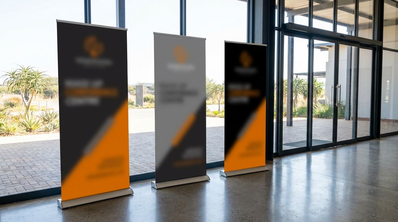 Row of pull-up banners at a conference entrance