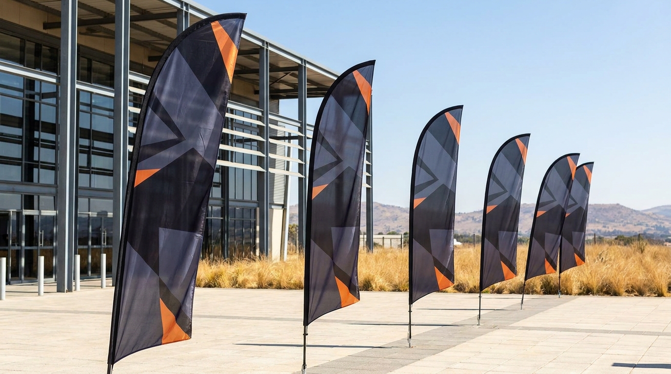 Printed feather flags outside an event venue