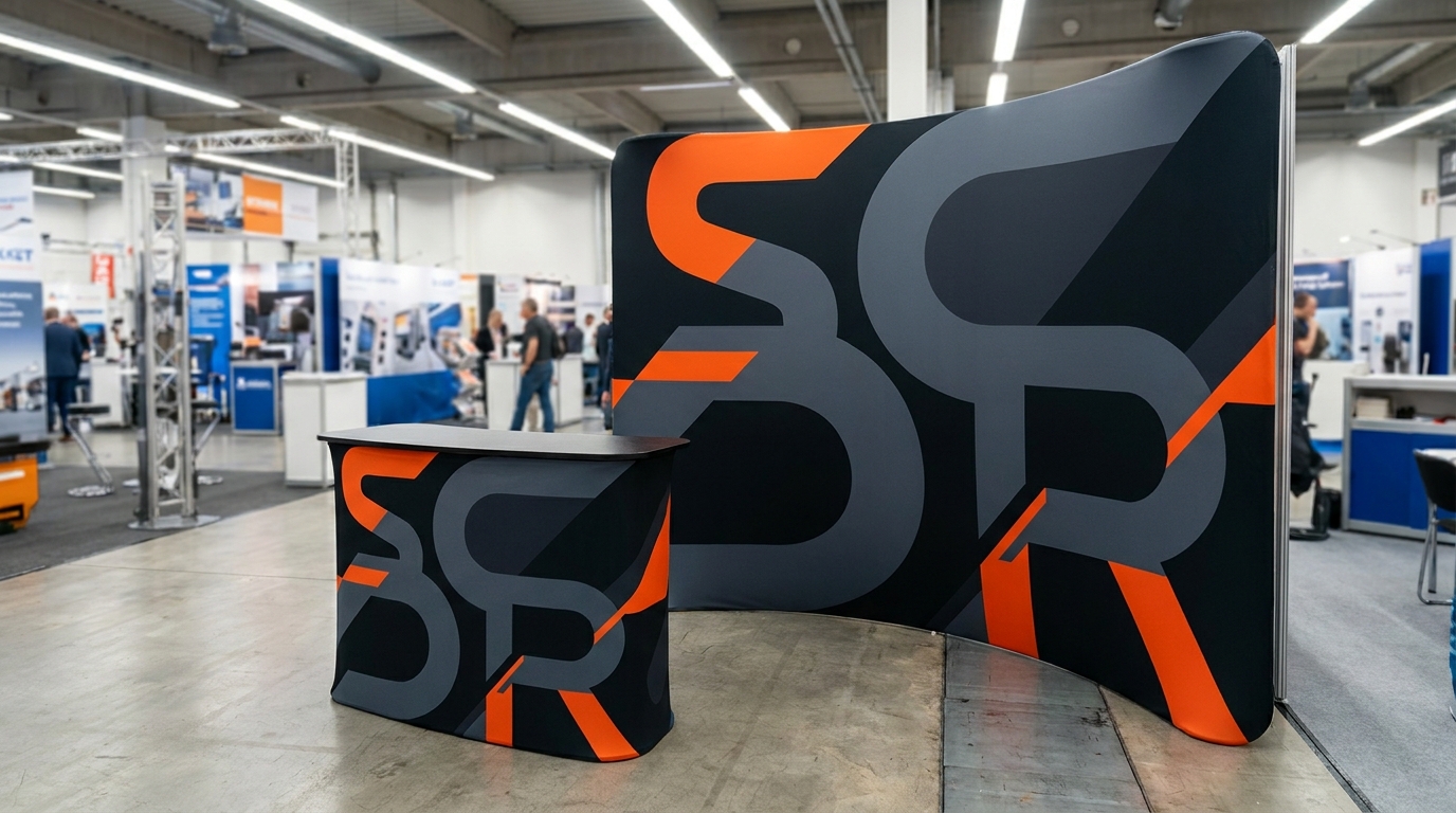 Branded display stand and counter at an exhibition