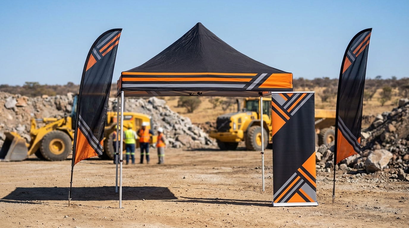 Branded gazebo and flags at a mining company site open day