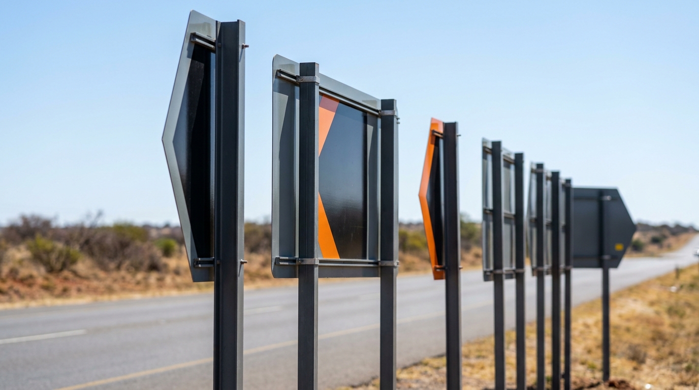 Reflective road signs along a South African roadway