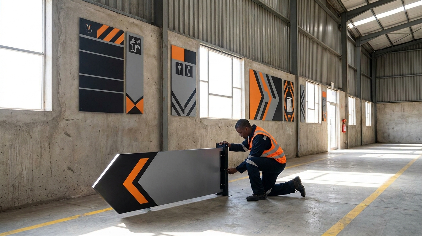 Indoor signage in a warehouse being checked
