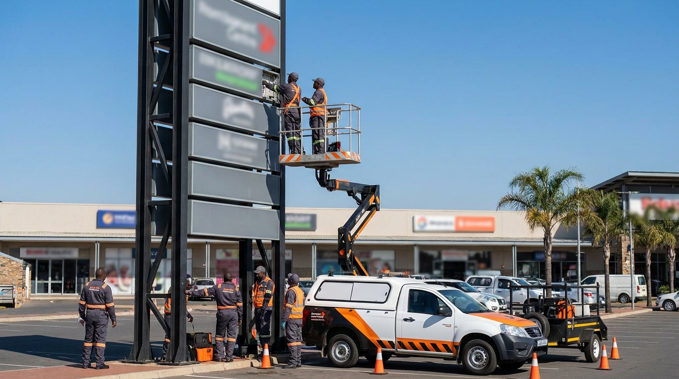 Signage crew servicing branded signs at a multi-site retail centre